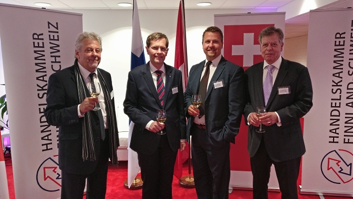 Photo: Mr. Felice G. Romano (Chairman , Chamber of Commerce FI-CH), Mr. Heinrich Maurer (Ambassador of Switzerland in Finland), Dr. Jani Kaarlejärvi (EVP, Business Meeting Park Ltd.), Mr. Gerrit van Setten (Attorney, van Setten Attorneys Ltd.) in Business Meeting Park - Helsinki