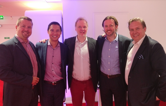 Photo: Mr. Jani Kaarlejärvi (EVP, co-founder, Business Meeting Park Ltd.), Mr. Brian Yee (Principal, Sherpa Capital), Mr. Monty Wilenius (CEO, Maria DB), Mr. Scott Stanford (Co-Founder & Managing Director, Sherpa Capital), and Mr. Claude Finckenberg (Chairman, Nordic Growth Solutions NGS) in Business Meeting Park - Helsinki